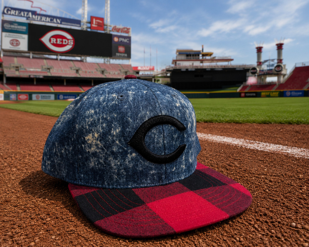 Cincinnati Reds American Needle Cooperstown Denim Plaid Strapback Hat OSFA MLB